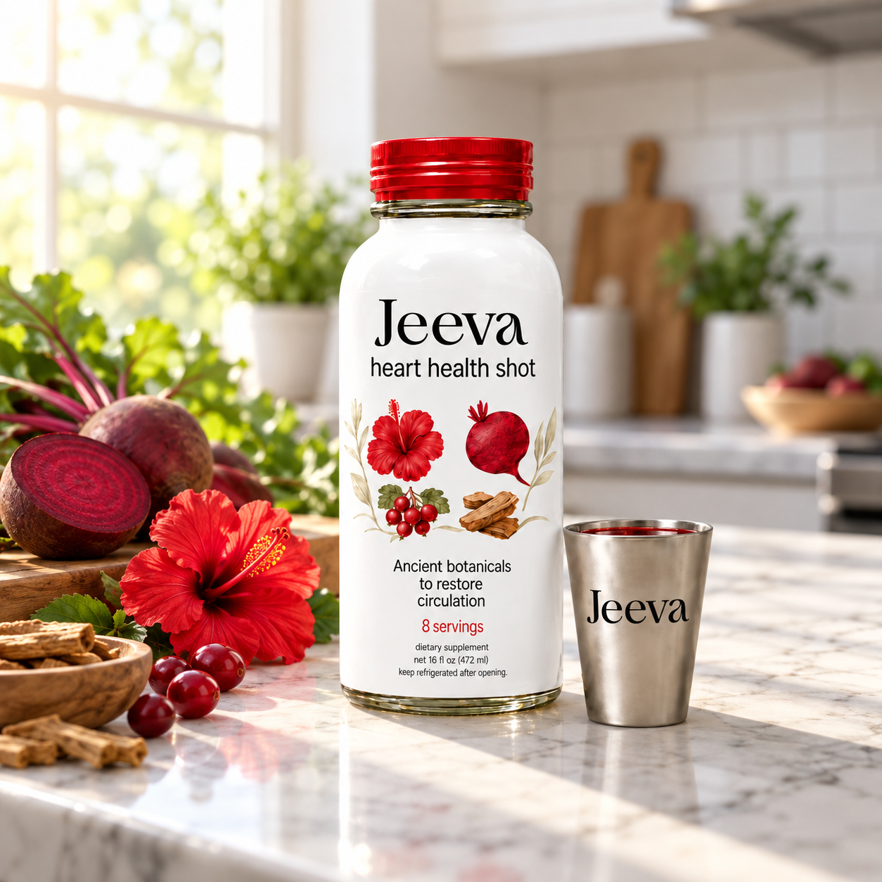 Jeeva Heart Health Shot on a sunlit kitchen counter with beetroot, hibiscus, and cranberries