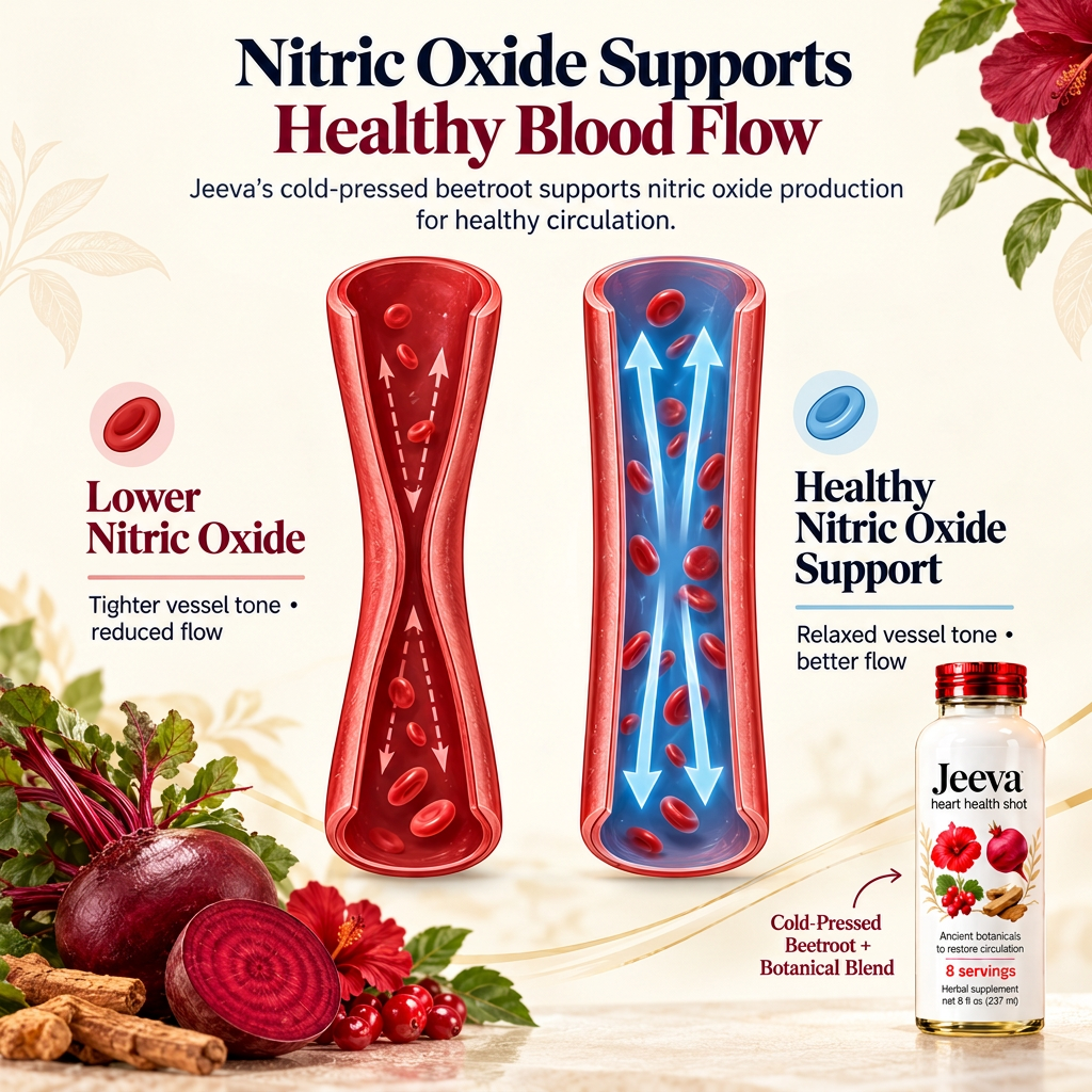Infographic comparing low nitric oxide with tighter vessel tone versus Jeeva's healthy nitric oxide support with relaxed vessel tone and better flow