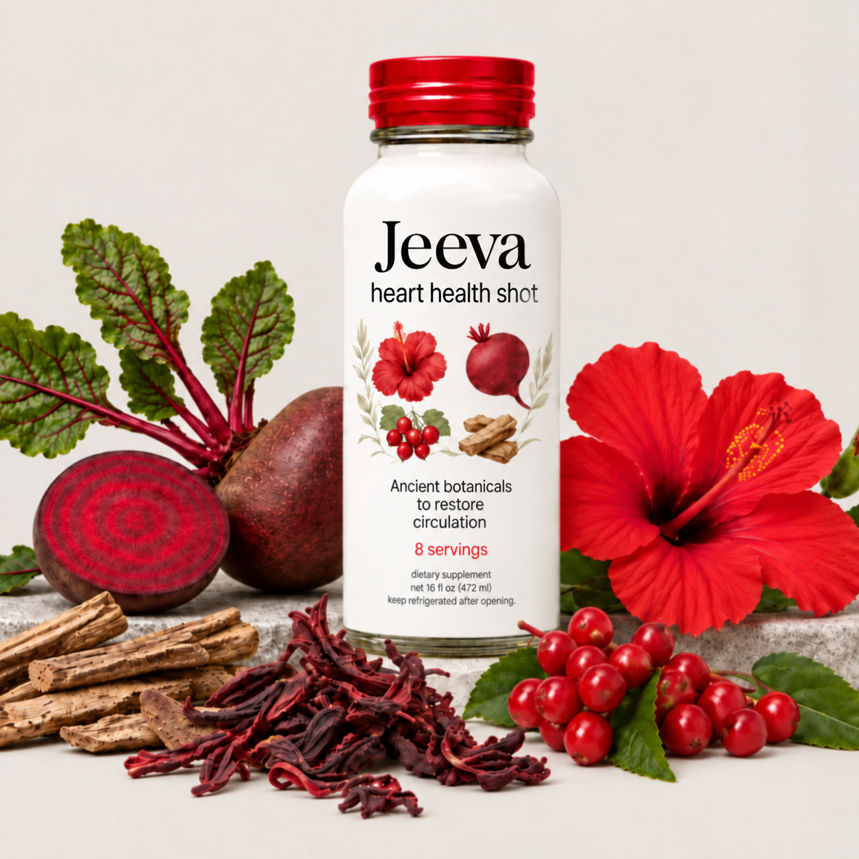 Jeeva Heart Health Shot bottle with beetroot, hibiscus, and botanicals