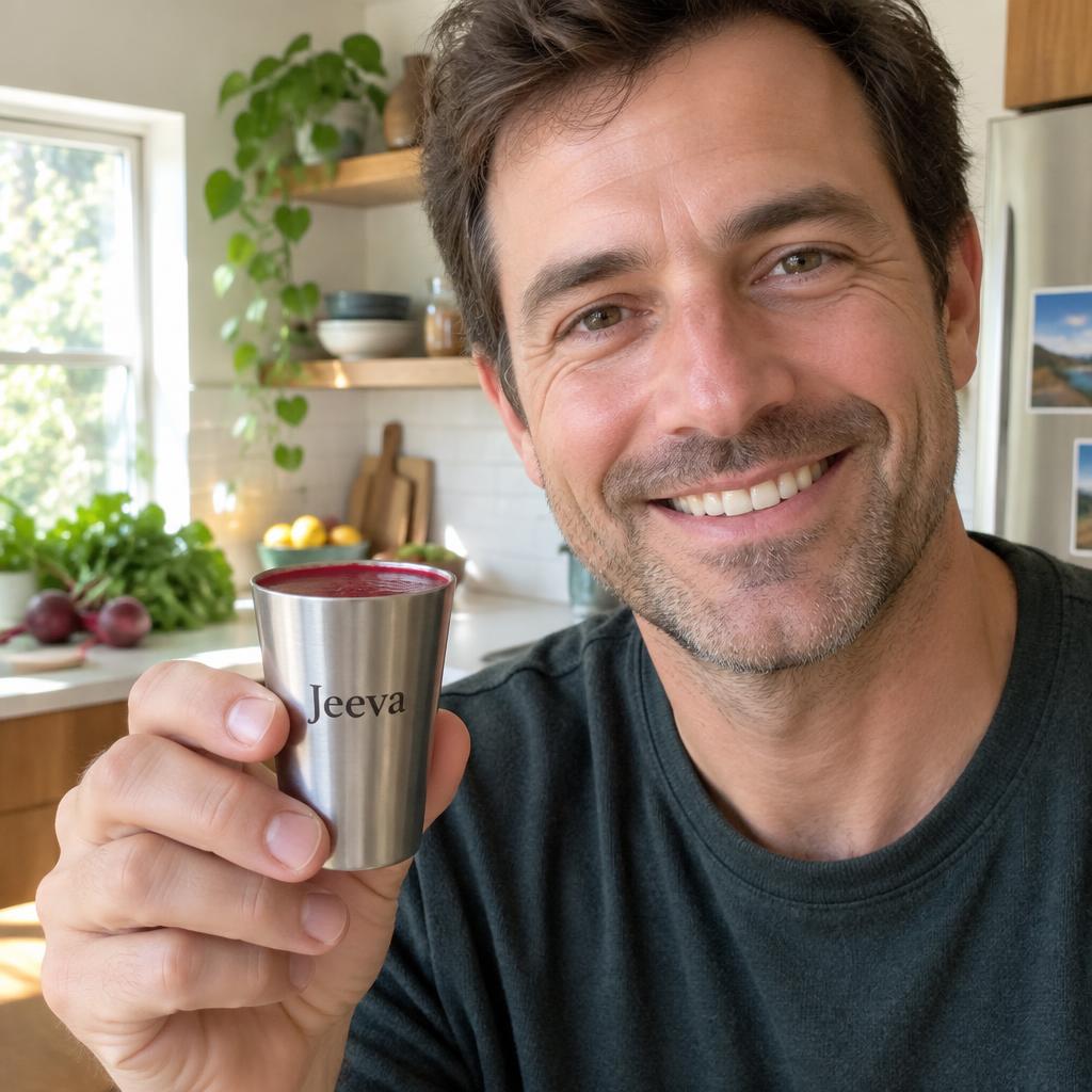 Customer James holding up his Jeeva Heart Health Shot bottle at home