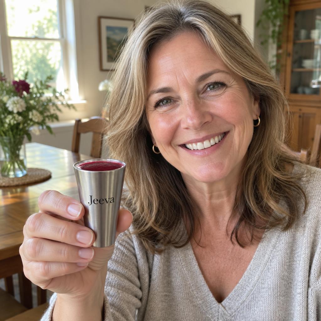 Customer Linda holding up her Jeeva Heart Health Shot bottle in her living room