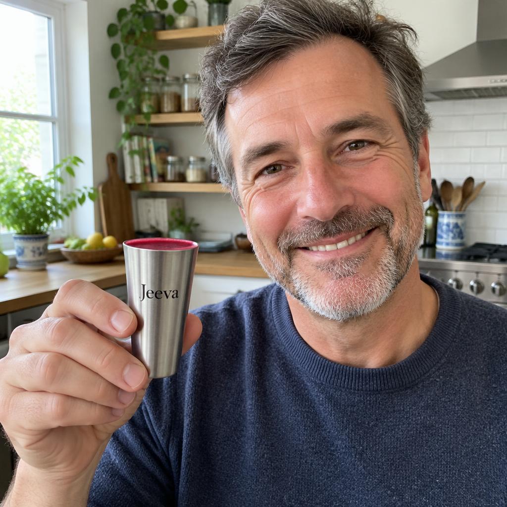 Customer Michael holding up his Jeeva Heart Health Shot bottle on his porch