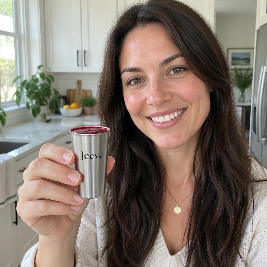 Customer Sarah holding up her Jeeva Heart Health Shot bottle in her kitchen